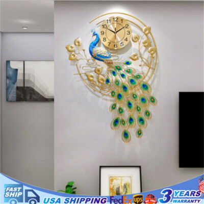 36.6'' Luxury Peacock Large Wall Clock 3D Metal Living Room Wall Watch Decor USA
