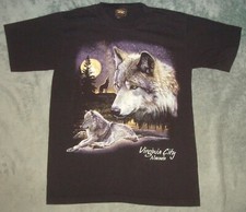 VTG 90s VIRGINIA CITY NEVADA WOLVES T SHIRT MEDIUM TEE WOLF BLACK MOON NATURE