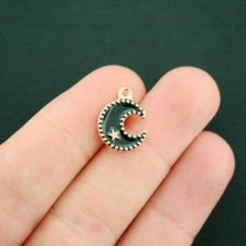 8 Crescent Moon Charms Gold Plated and Black Enamel With Star - E544