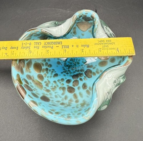 Murano Alfredo Barbini Light Blue Gold Spot Cased Art Glass Bowl - Picture 8 of 10