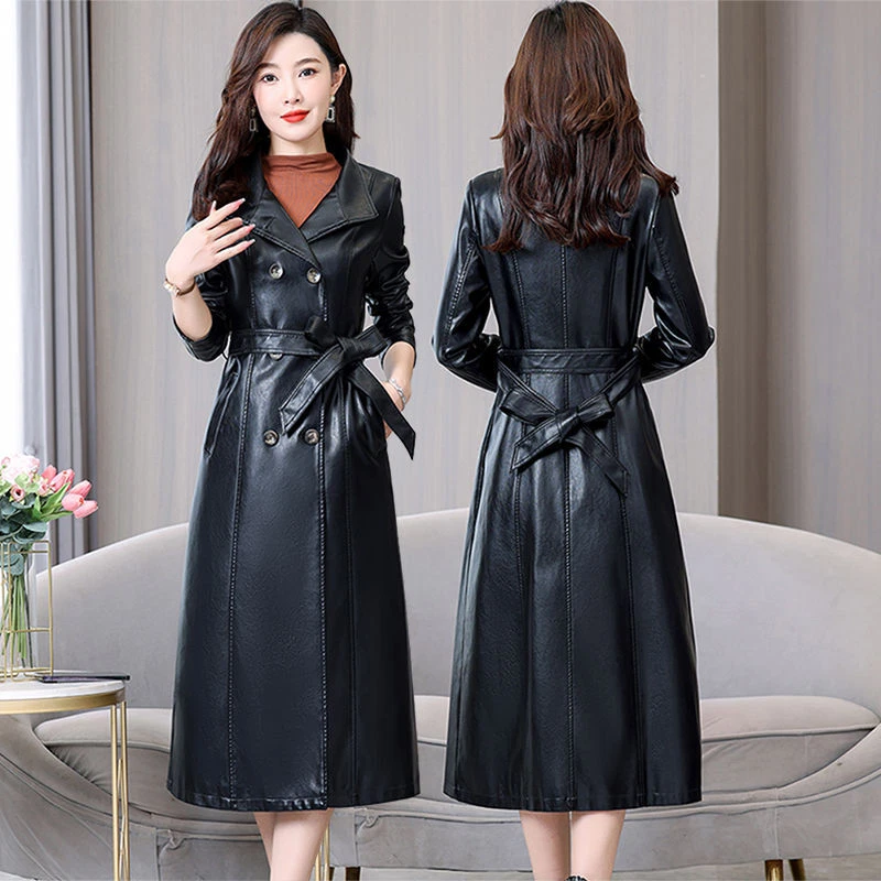 Abrigo de cuero largo para mujer cortavientos otoño cuero chaqueta exterior cubierta abrigo de cuero Foto 2 de 4