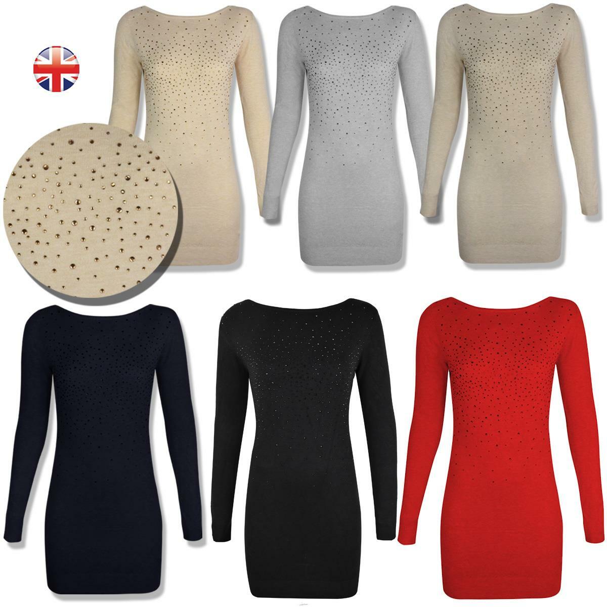 Womens Ladies Diamante Jumper Dress 