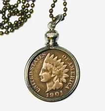 Southwestern Indian Head Penny Necklace. Coin Jewelry. 27in Bronze Tone Chain.