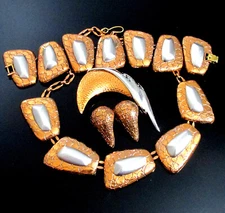 Vtg Runway MONET Coppertone Silver Modernist Necklace Bracelet Earrings Brooch