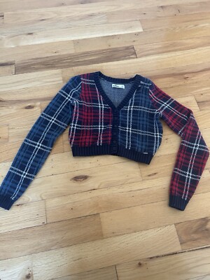 Hollister Plaid Cropped Sweater Size Small Blue Red Cardigan