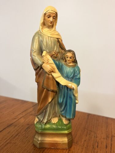 Vtg Religious Catholic 8.25" Chalkware St Anne & Young Mary Figure Statue