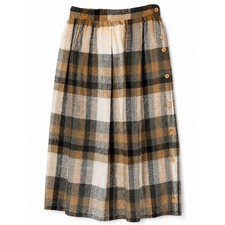 Vintage Plaid side buttons Midi full Skirt Tan Black Cream linen blend small