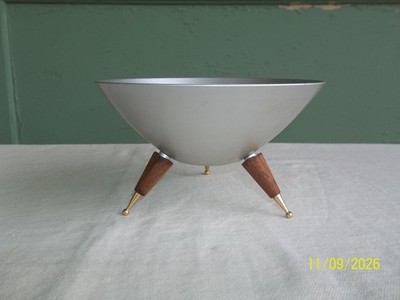 VTG MCM Sputnik Teak Candy Dish Mirro Medallion Brushed Aluminium NO Lid