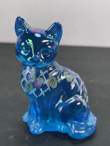 Fenton Amethyst Iridescent Carnival Glass Cat w/ Tag - Hand Painted Signed