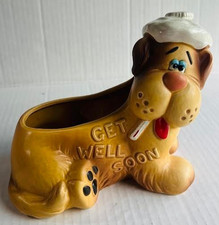 Figura de perro vintage Lefton #5712 maceta de cerámica para cachorros "Get Well Soon" Japón