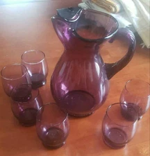 Vintage Amethyst Glass Pitcher and 6 Juice Glasses Purple by Colony