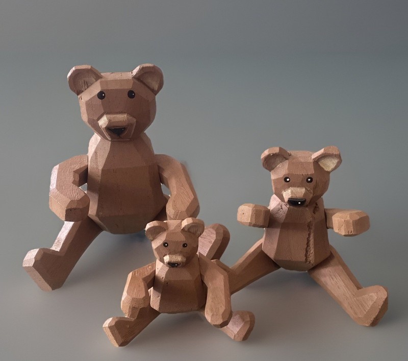 Lot of 3 Wooden Brown Bears Folk Art Jointed Carved Nursery Decor 