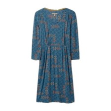 White Stuff Tallie Teal Multi Pattern Jersey Dress Size 12 3/4 Length Sleeves