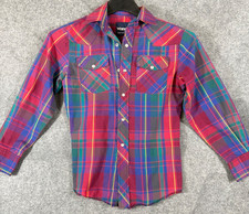 Wrangler Western Shirt Boys L 12-14 Pink Blue Plaid Pearl Snap Long Sleeve VTG