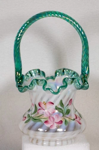 Signed Hand Painted Fenton Glass Basket 90th Anniversary Azalea Flowers