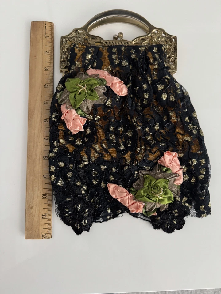 复古蕾丝黑色钱包带金属手柄 12 英寸长 — 第 3/4 张图片