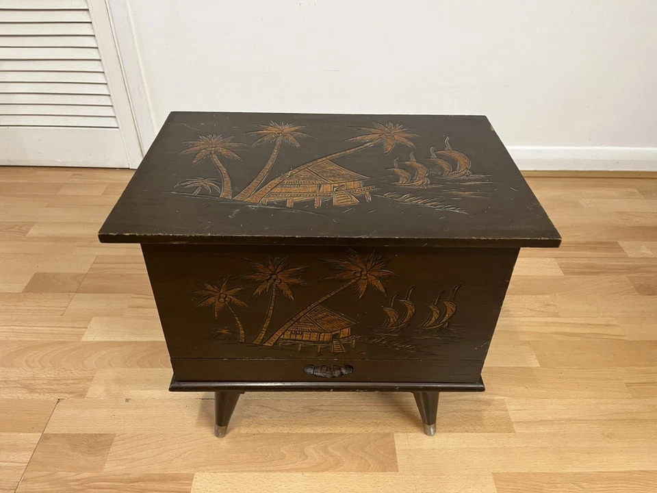 Vintage Wooden Oriental Sewing Table Side Table With Storage & Carved Design - Image 2 of 4