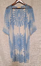Rebellion Again Women's Lace Sheer Kimono Duster Blue Embroidery Beach Size L