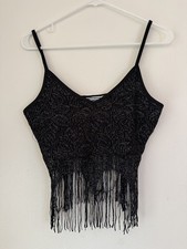 Y2K Tank Crop Top Fringe Goth Grunge Size M Clubbing Sparkle Black Made in USA
