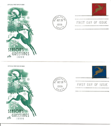 US Scott #3364-67, First Day Covers 10/20/99 Rudolph Single Christmas - Picture 1 of 2