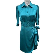 Nanette Lepore Women’s 6 Teal 100% Silk Side Tie Collared Dress, Silk Dress