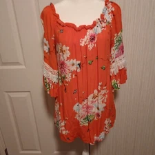 Davi & Dani Women's Knit Tunic Size M Red Orange Floral 3/4 Sleeve Fringe EUC