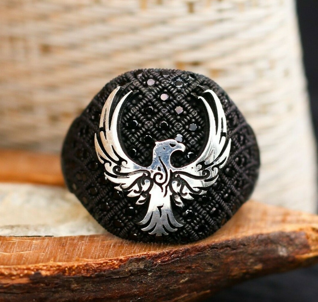 Phoenix Figure Solid 925 Sterling Silver Men Ring With Black
