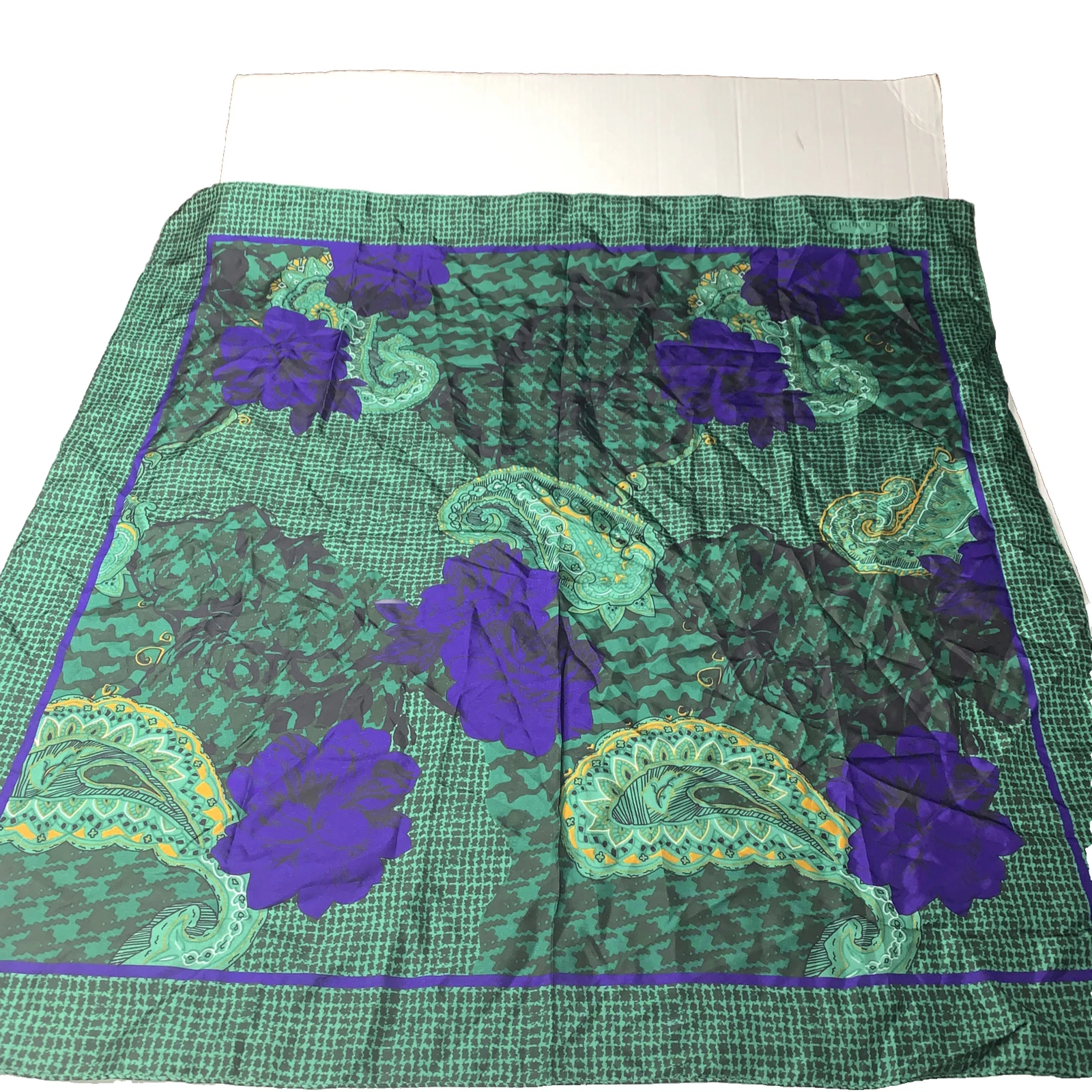 Foulard femme vintage Christian Dior E’Charpes 100% soie vert bleu fabriqué en Corée