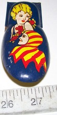 1950 4-1/2" Tin Lithograph Kirchhof Clicker w/ Jester  Pretty Blonde NoiseMaker