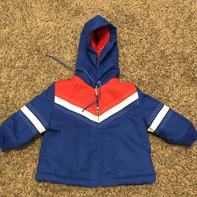 Vtg Sears Infant Blue Red  Hooded Coat Fleece Lined Sz M 21/26lbs A35