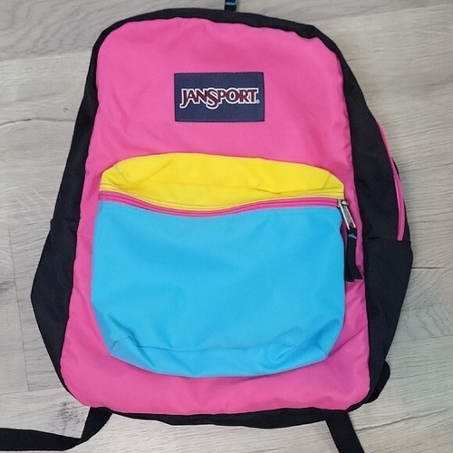 Rare Retro Jansport Backpack Superbreak Colorblock pink yellow black 80s vibe