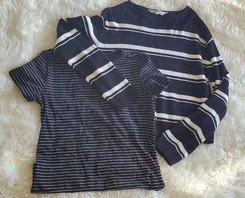 H&M Sweater Girls 16/18 Black White Striped Long Sleeve Ribbed Sweater Lot - Picture 1 of 3