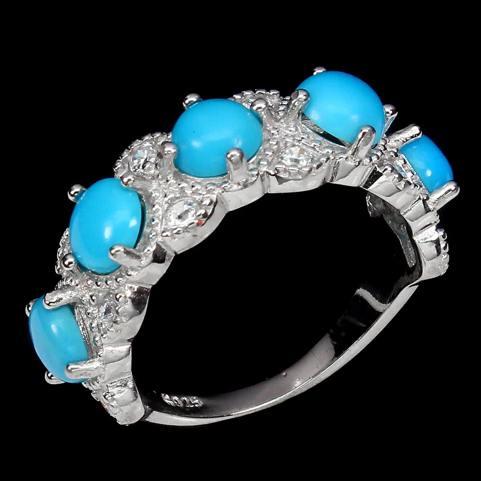 925 Anello Argento Sterling Rotondo Blu Turchese 5mm Cz Gemma Gioielli Misura 6 - Immagine 2 di 4