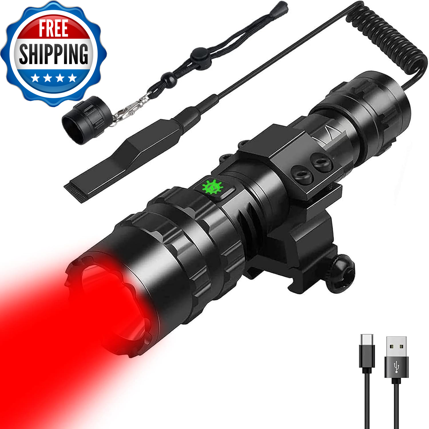 Red Light Hunting Flashlight 350 Yards Coyote Hog Predator Lights USB Rechargeab