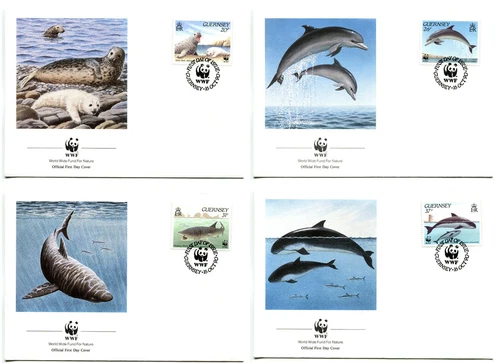 WWF E90 Guernsey 4 FDC 1990 Marine fauna - Seals Dolphin Shark