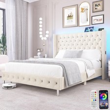 Marco de cama acolchado con botones de diamante tapizado LED Queen con USB y tipo C
