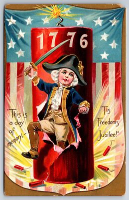 Patriotic~1776 Colonial Boy Jumps Out Fire Cracker~Freedom~TUCK Independence Day