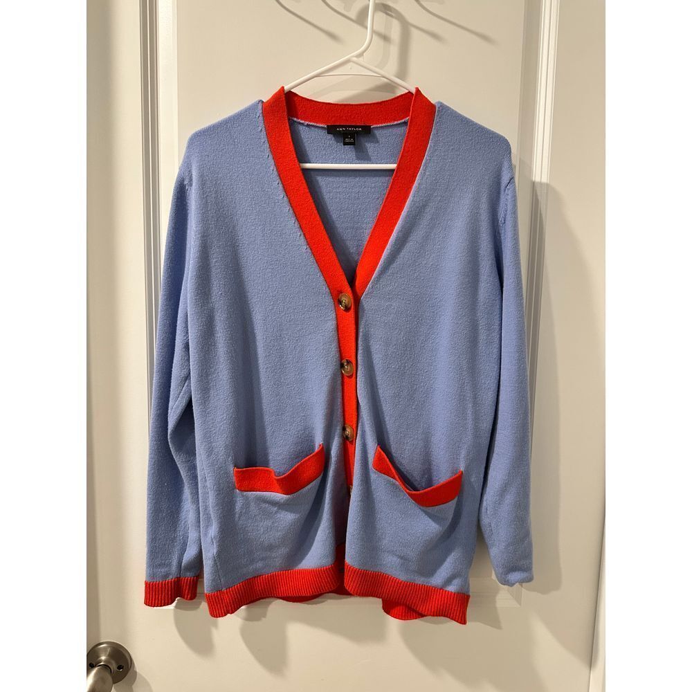 Ann Taylor Light Blue Button Front Cardigan with Red Trim Size S
