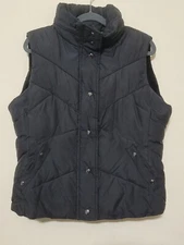 Esprit Womens Puffer Vest Size M Black Fleece Lined Hood Full Zip Pockets