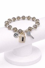 Crystal Beaded Charm Bracelet Padlock Key Rhinestone Silver Tone Stretch