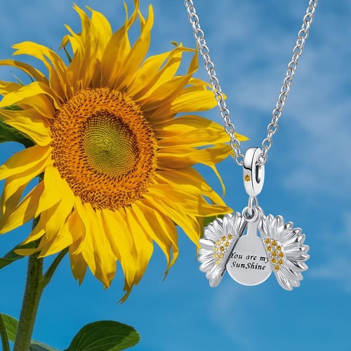 Ciondolo girasole You are My Sunshine argento medaglione fiore apribile ciondolo perla f - Foto 5 di 6