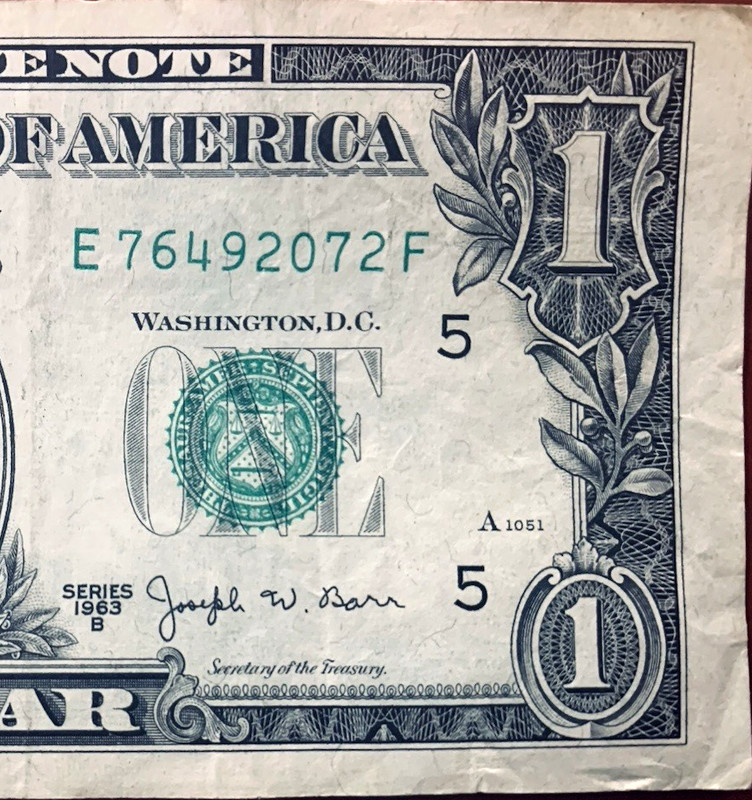 1963B $1 Federal Reserve Note Dollar Bill Joseph W. Barr E76492072F
