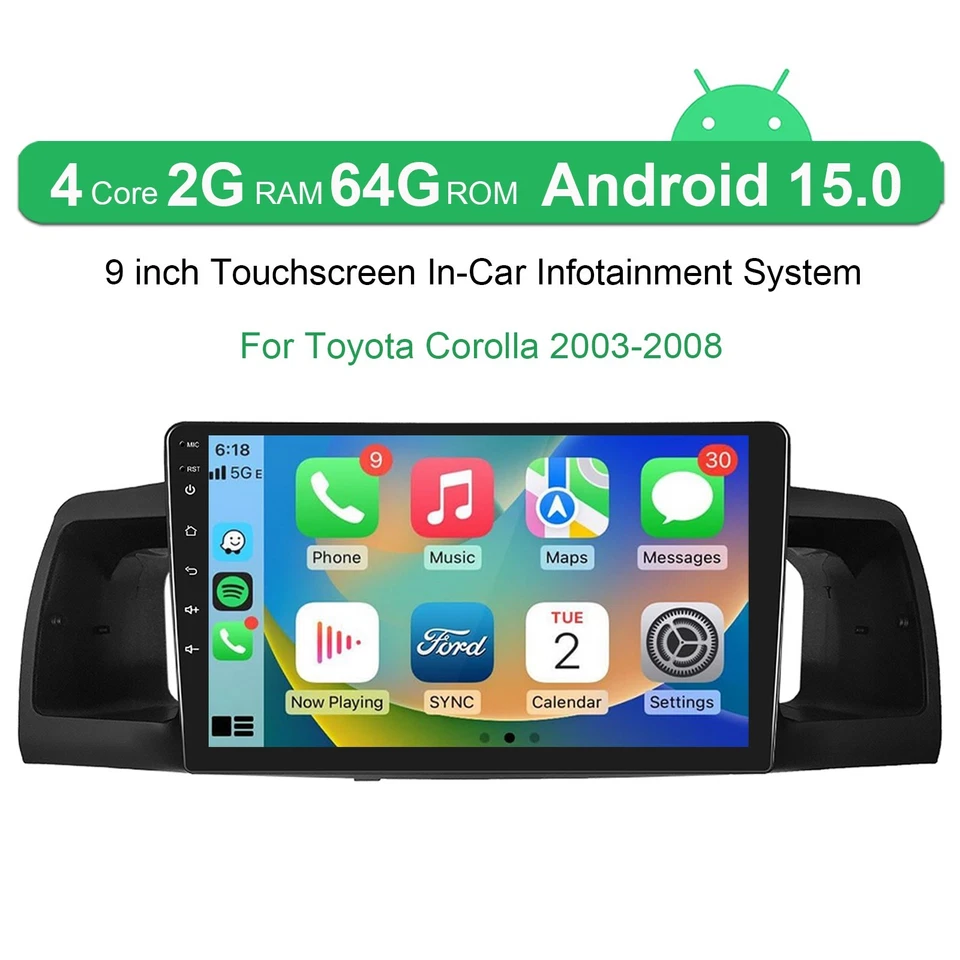 Radio estéreo para automóvil Apple Carplay para Toyota Corolla 2003-2008 Android15 navegación GPS Foto 2 de 4