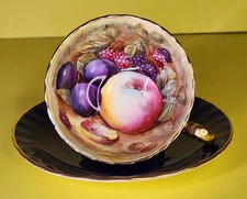 Aynsley Tea Cup & Saucer Orchard Fruit Cobalt Blue Gold # 1034 England D. Jones