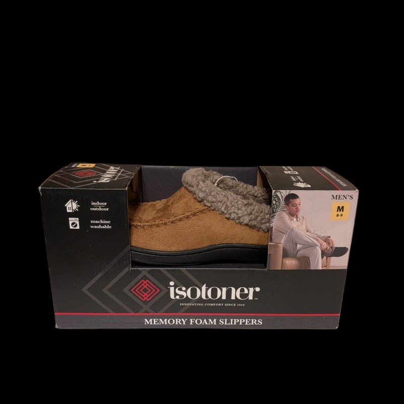 Isotoner Men’s Memory Foam Slippers Cognac Size M 8-9 Indoor Outdoor New In Box