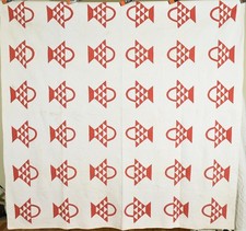 WELL QUILTED Vintage 1880's Red  White Baskets Antique Quilt 