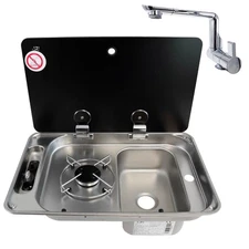 CAN ONE BURNER HOB COLD TAP RIGHT HAND SINK COMBI & GLASS LID FL1323 CAMPERVAN
