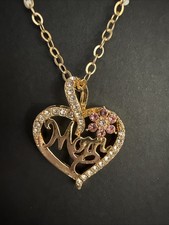 NWT Hollow Heart shaped MOM rhinestones and pink flower Goldtone Necklace Mother