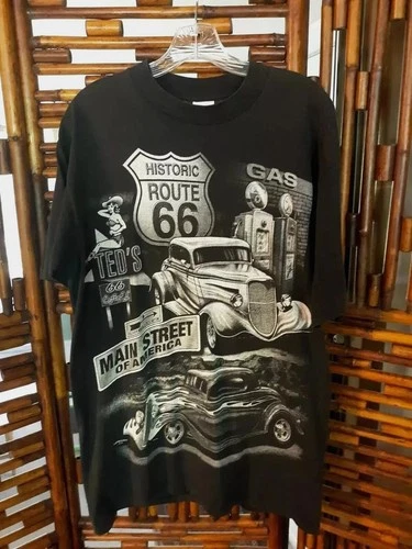 1997 Route 66 Vintage All-Over Print Classic Cars Tee Shirt  SZ Large USA