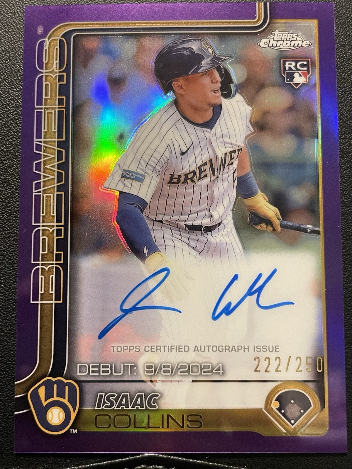 2025 Topps Chrome Rookie Autographs Isaac Collins Purple Refractor /250 RC Debut
